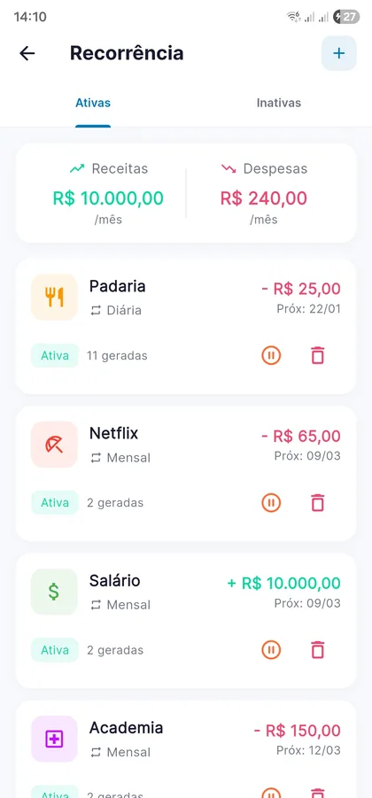 Tela de recorrências do Gratum listando contas que se repetem, com valor e data da próxima ocorrência.